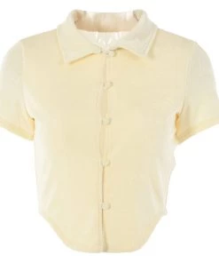 Trendy & Unique Retro Style Collared Short Sleeve Button Up Crop Top - Beige What's New