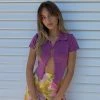 Trendy & Unique Retro Style Collared Short Sleeve Button Up Crop Top - Purple What's New