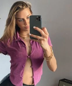 Trendy & Unique Retro Style Collared Short Sleeve Button Up Crop Top - Purple What's New