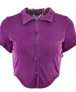 Trendy & Unique Retro Style Collared Short Sleeve Button Up Crop Top - Purple What's New