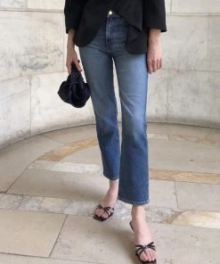 Trendy & Unique Retro Style High Waist Faded Straight Flare Leg Jeans - Black