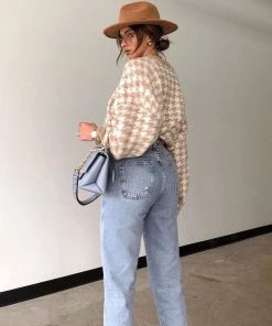 Trendy & Unique What's New Retro Style Houndstooth Print Long Sleeve Pullover Sweater - Khaki