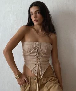Trendy & Unique What's New Retro Style Lace Up Bustier Curvy Cut Crop Tube Top - Khaki