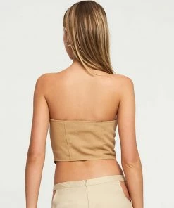Trendy & Unique What's New Retro Style Lace Up Bustier Curvy Cut Crop Tube Top - Khaki