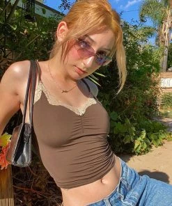 Trendy & Unique Retro Style Lace V Neck Frill Trim Crop Tank Top - Chocolate What's New