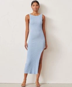 Trendy & Unique What's New Reversible Ribbed Sleeveless Cut Out High Slit Midi Dress - Blue