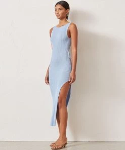 Trendy & Unique What's New Reversible Ribbed Sleeveless Cut Out High Slit Midi Dress - Blue