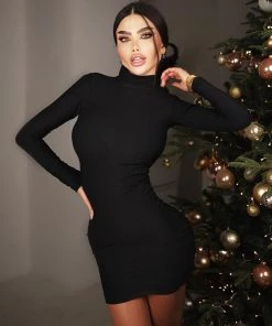 Trendy & Unique Rhinestone Chain Backless High Neck Long Sleeve Party Mini Dress - Black