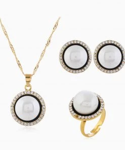 Trendy & Unique What's New Celebrity Rhinestone Perlized Beaded Trimmed Jewelry Set - White