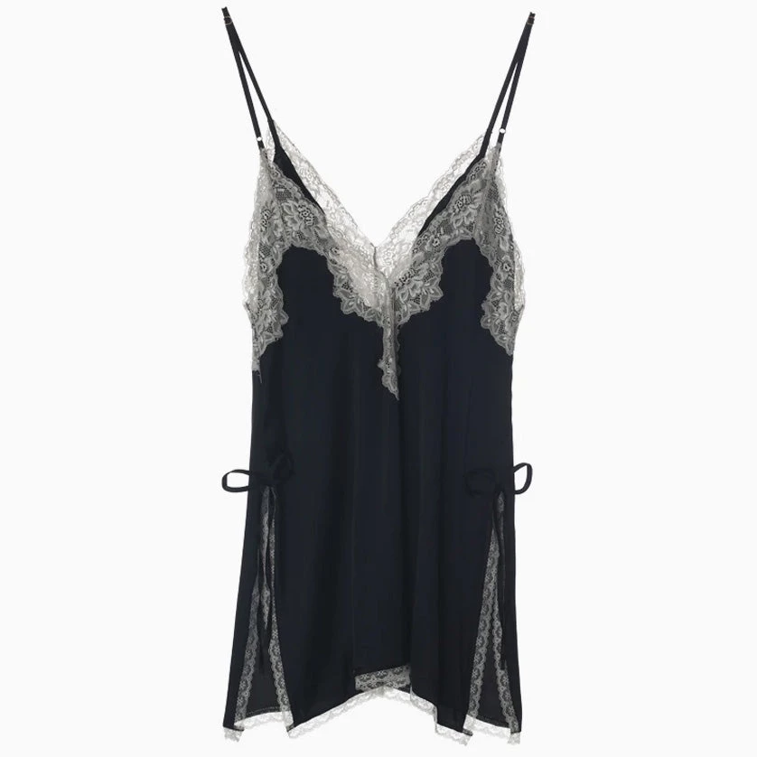 Trendy & Unique What's New High Slit Spaghetti Strap V Neck Lace Trim Satin Slip Chemise - Black 6 Trendy & Unique What's New High Slit Spaghetti Strap V Neck Lace Trim Satin Slip Chemise - Black