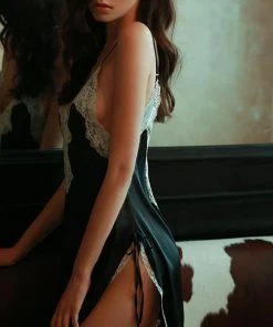 Trendy & Unique What's New High Slit Spaghetti Strap V Neck Lace Trim Satin Slip Chemise - Black