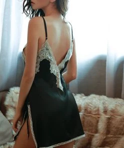 Trendy & Unique What's New High Slit Spaghetti Strap V Neck Lace Trim Satin Slip Chemise - Black 8 Trendy & Unique What's New High Slit Spaghetti Strap V Neck Lace Trim Satin Slip Chemise - Black