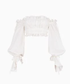 Trendy & Unique Adorable Ruffle Long Sleeve Ruched Off Shoulder Crop Top - White