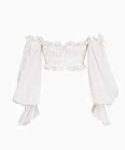 Trendy & Unique Adorable Ruffle Long Sleeve Ruched Off Shoulder Crop Top - White