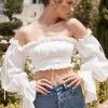 Trendy & Unique Adorable Ruffle Long Sleeve Ruched Off Shoulder Crop Top - White 2 Trendy & Unique Adorable Ruffle Long Sleeve Ruched Off Shoulder Crop Top - White