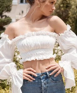 Trendy & Unique Adorable Ruffle Long Sleeve Ruched Off Shoulder Crop Top - White