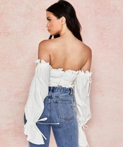Trendy & Unique Adorable Ruffle Long Sleeve Ruched Off Shoulder Crop Top - White
