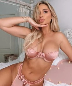 Trendy & Unique Satin Bow Trim Tulle Panel Underwire Bandeau Bralette Set - Pink