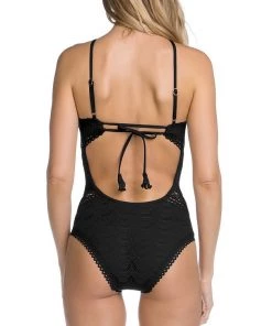 Trendy & Unique What's New Scalloped Lace Low Back High Neck One Piece Swimsuit - Black