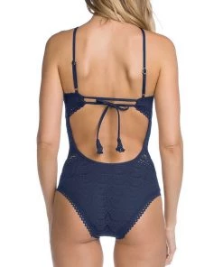 Trendy & Unique Scalloped Lace Low Back High Neck One Piece Swimsuit - Blue What's New