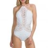 Trendy & Unique What's New Scalloped Lace Low Back High Neck One Piece Swimsuit - White