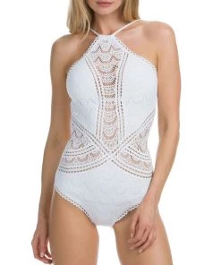 Trendy & Unique What's New Scalloped Lace Low Back High Neck One Piece Swimsuit - White