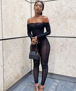 Trendy & Unique Seductive Off Shoulder Long Sleeve Mesh Sheer Jumpsuit - Black What's New