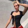 Trendy & Unique Sexy Balconette Bustier Short Sleeve Lace Up Crop Blouse - Black