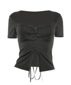 Trendy & Unique Sexy Balconette Bustier Short Sleeve Lace Up Crop Blouse - Black
