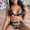 Trendy & Unique What's New Sexy Banded Cut Out Garter Thong Mesh Panel Bra Set - Black