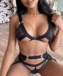 Trendy & Unique What's New Sexy Banded Cut Out Garter Thong Mesh Panel Bra Set - Black