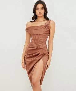 Trendy & Unique Sexy Cowl Neck One Shoulder Corset Satin Cocktail Midi Dress - Khaki What's New