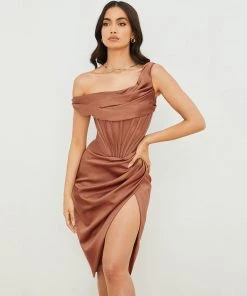 Trendy & Unique Sexy Cowl Neck One Shoulder Corset Satin Cocktail Midi Dress - Khaki What's New