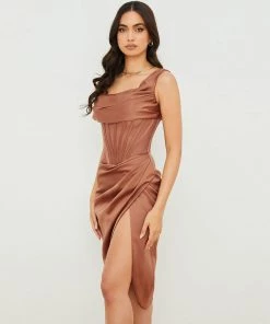 Trendy & Unique Sexy Cowl Neck One Shoulder Corset Satin Cocktail Midi Dress - Khaki What's New