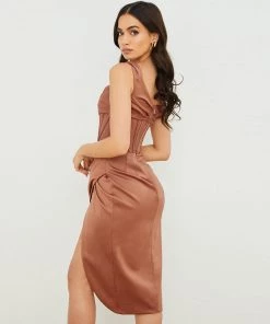Trendy & Unique Sexy Cowl Neck One Shoulder Corset Satin Cocktail Midi Dress - Khaki What's New