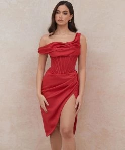 Trendy & Unique What's New Sexy Cowl Neck One Shoulder Corset Satin Cocktail Midi Dress - Red