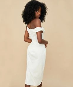 Trendy & Unique Sexy Cowl Neck One Shoulder Corset Satin Cocktail Midi Dress - White What's New