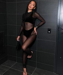 Trendy & Unique Sexy Crew Neck Long Sleeve Mesh Sheer Velvet Jumpsuit - Black