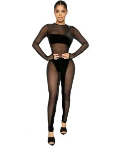Trendy & Unique Sexy Crew Neck Long Sleeve Mesh Sheer Velvet Jumpsuit - Black 8 Trendy & Unique Sexy Crew Neck Long Sleeve Mesh Sheer Velvet Jumpsuit - Black
