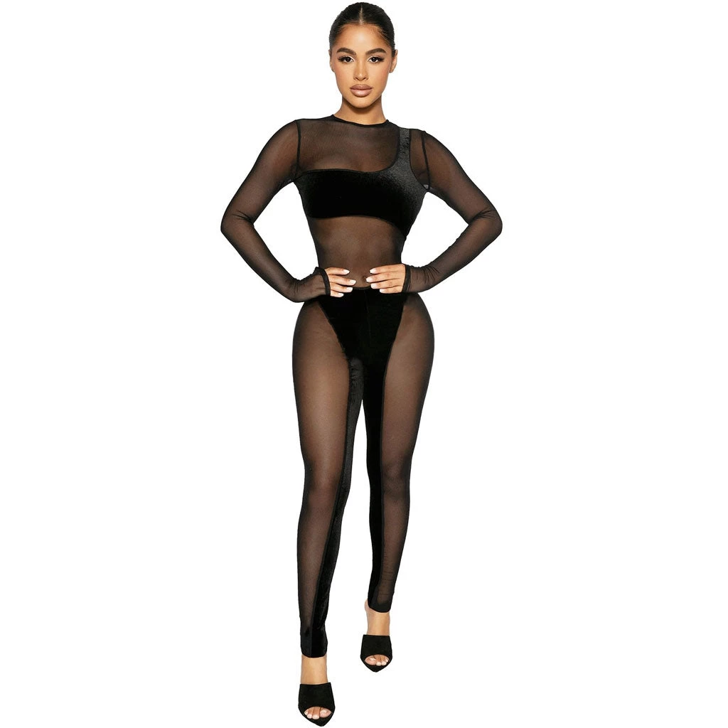 Trendy & Unique Sexy Crew Neck Long Sleeve Mesh Sheer Velvet Jumpsuit - Black 5 Trendy & Unique Sexy Crew Neck Long Sleeve Mesh Sheer Velvet Jumpsuit - Black