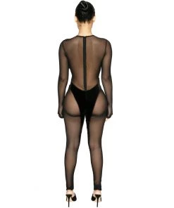 Trendy & Unique Sexy Crew Neck Long Sleeve Mesh Sheer Velvet Jumpsuit - Black 9 Trendy & Unique Sexy Crew Neck Long Sleeve Mesh Sheer Velvet Jumpsuit - Black