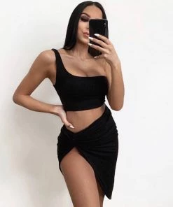 Trendy & Unique What's New Sexy Cropped One Shoulder High Slit Skirt Matching Set - Black