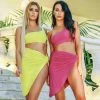 Trendy & Unique Sexy Cropped One Shoulder High Slit Skirt Matching Set - Pink