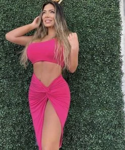 Trendy & Unique Sexy Cropped One Shoulder High Slit Skirt Matching Set - Pink