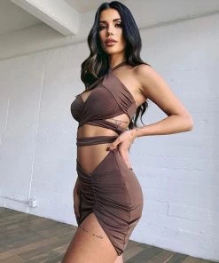 Trendy & Unique Sexy Crossover Crop Top Drawstring Skirt Matching Set - Coffee What's New