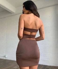 Trendy & Unique Sexy Crossover Crop Top Drawstring Skirt Matching Set - Coffee What's New