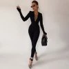 Trendy & Unique Sexy Cut Out Deep V Neck Shoulder Pad Long Sleeve Jumpsuit - Black