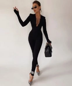 Trendy & Unique Sexy Cut Out Deep V Neck Shoulder Pad Long Sleeve Jumpsuit - Black