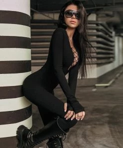 Trendy & Unique Sexy Cut Out Deep V Neck Shoulder Pad Long Sleeve Jumpsuit - Black 8 Trendy & Unique Sexy Cut Out Deep V Neck Shoulder Pad Long Sleeve Jumpsuit - Black