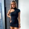 Trendy & Unique What's New Sexy Cut Out High Neck One Shoulder Bodycon Club Mini Dress - Black